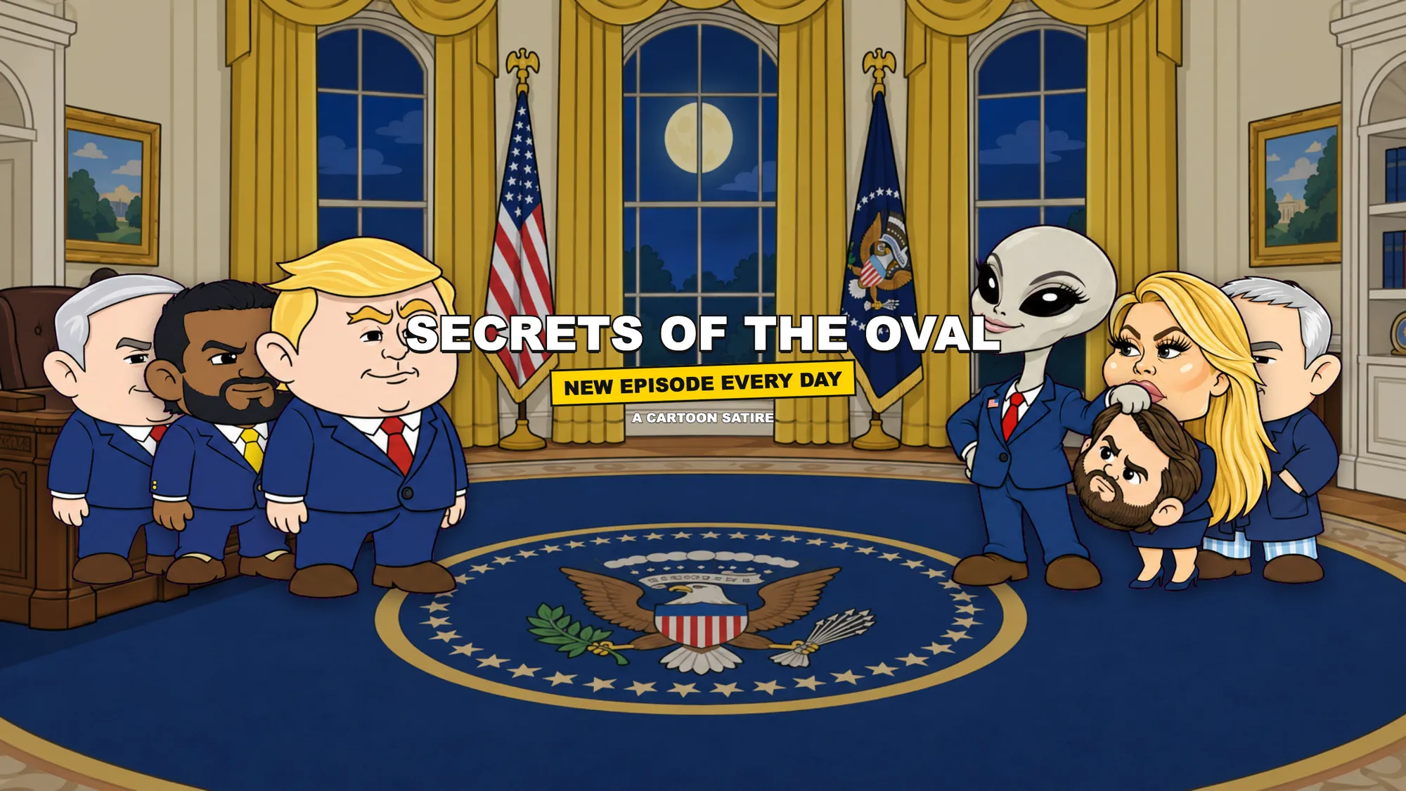 The Secrets of the Oval cartoon cast standing on the Oval Office rug at night